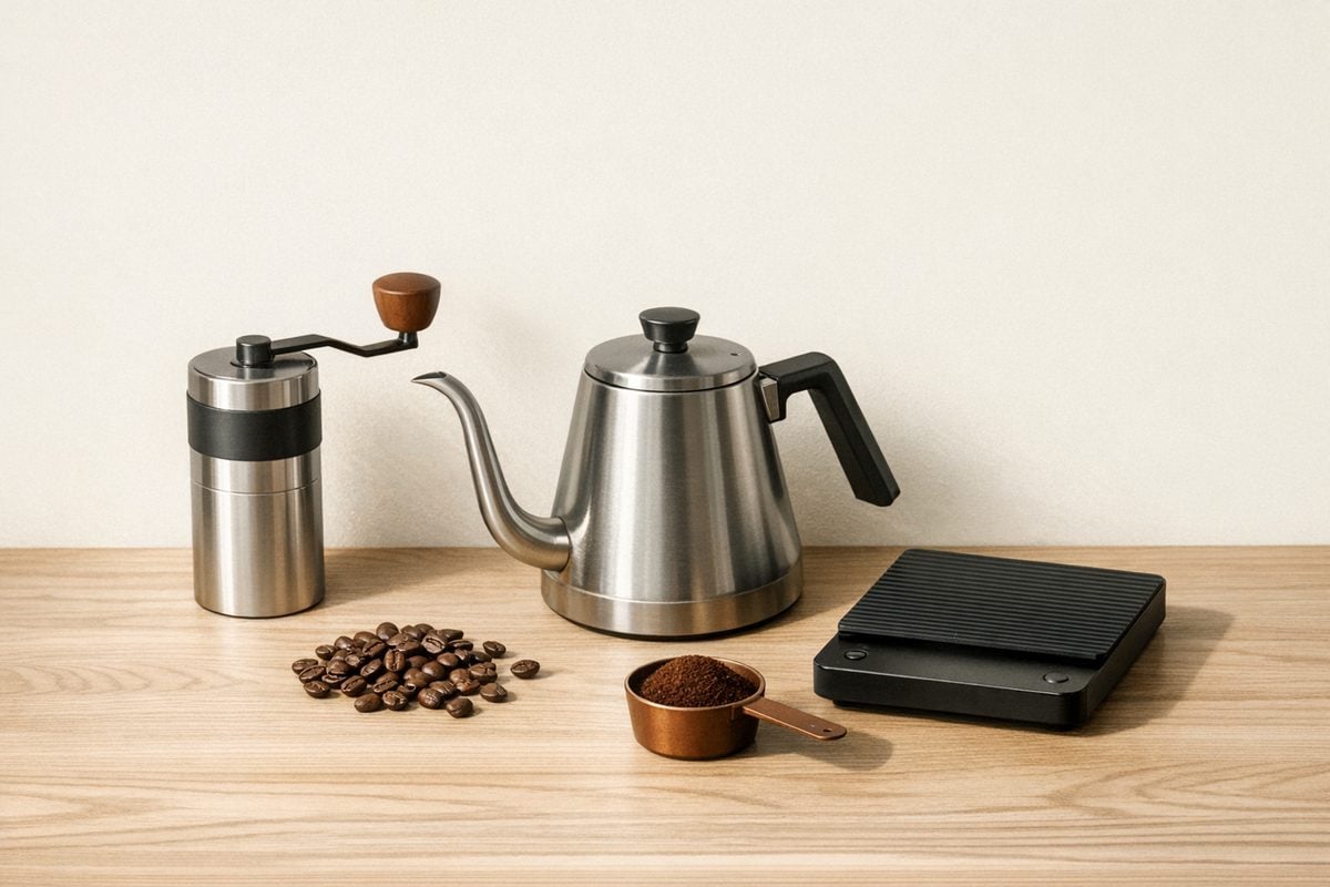 Coffee grinder, kettle, beans, and scale on a light wooden table. Minimal cold brew setup on a warm neutral background.