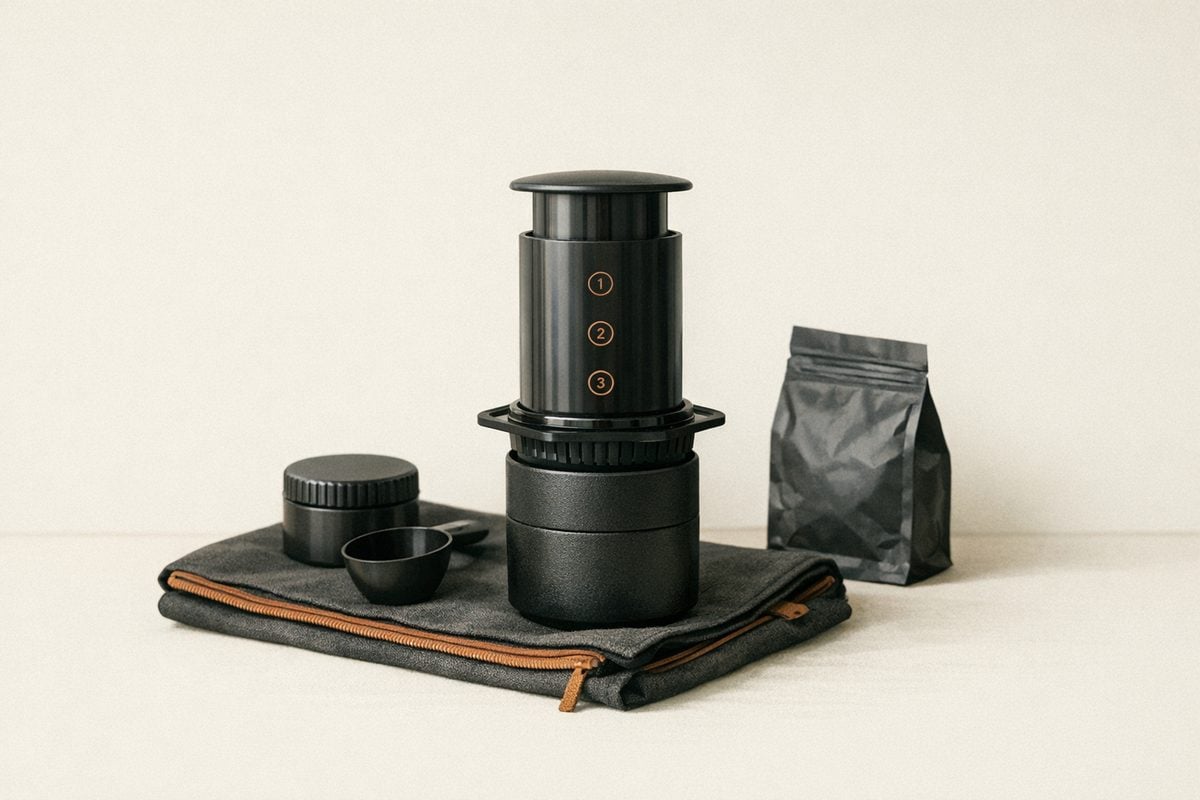 Minimal coffee gear on a warm neutral background. Soft morning light.