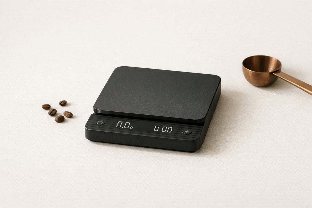 Minimal coffee gear on a warm neutral background. Soft morning light.