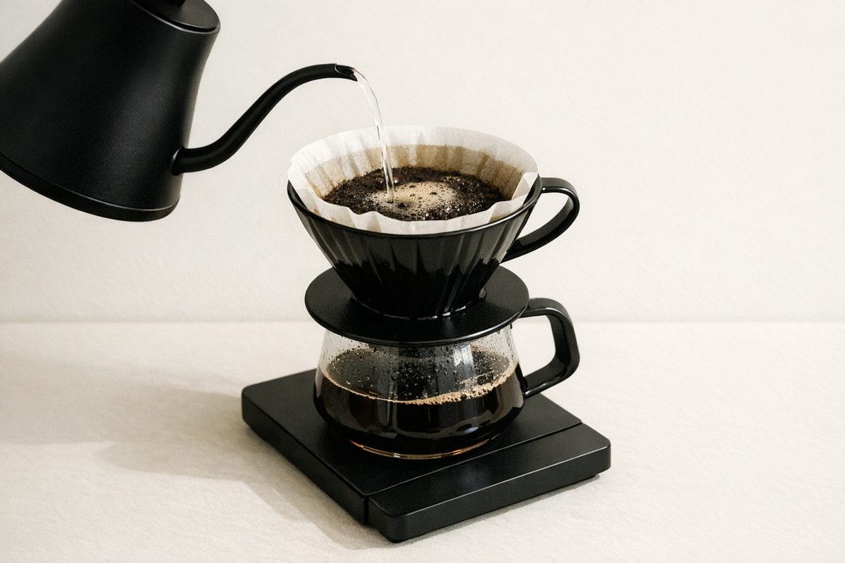 Minimal coffee gear on a warm neutral background. Soft morning light.
